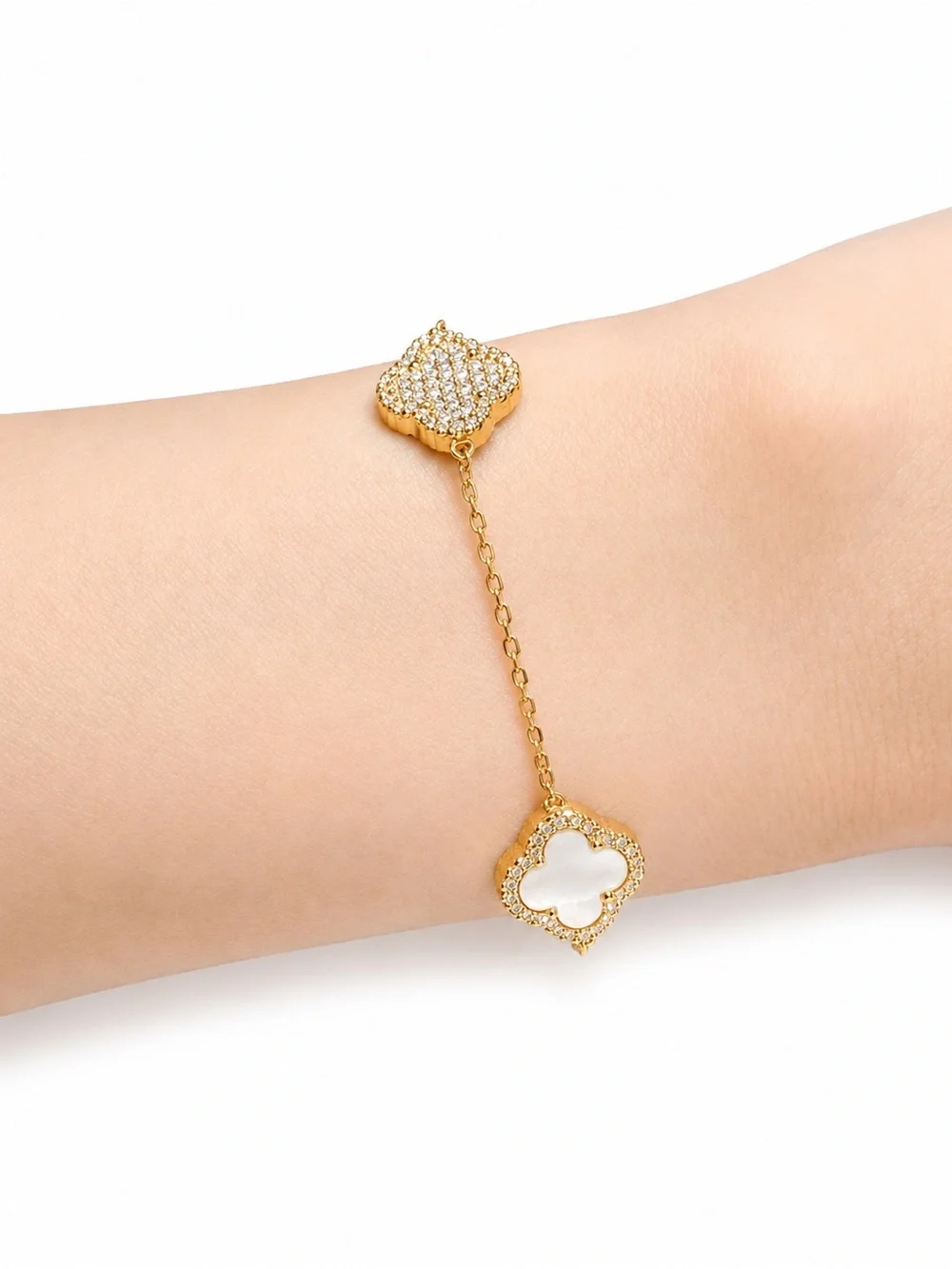 Premium Gold Reversible Crystal & Mother of Pearl Clover Bracelet